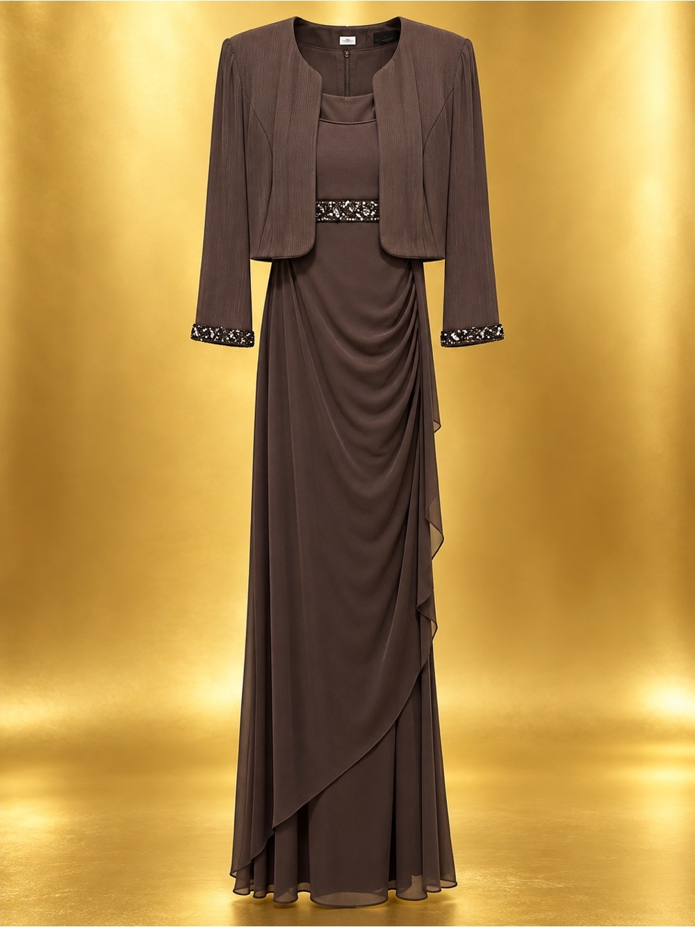 Alex Evenings Brown Beaded Empire Maxi Dress